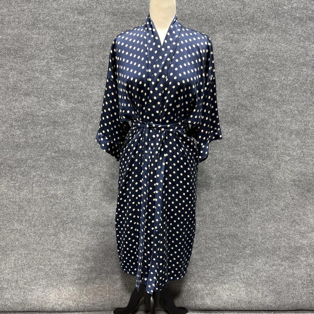 Blue Polka Dot Satin Robe Womens One Size Kimono Belted Lounge Sleepwear